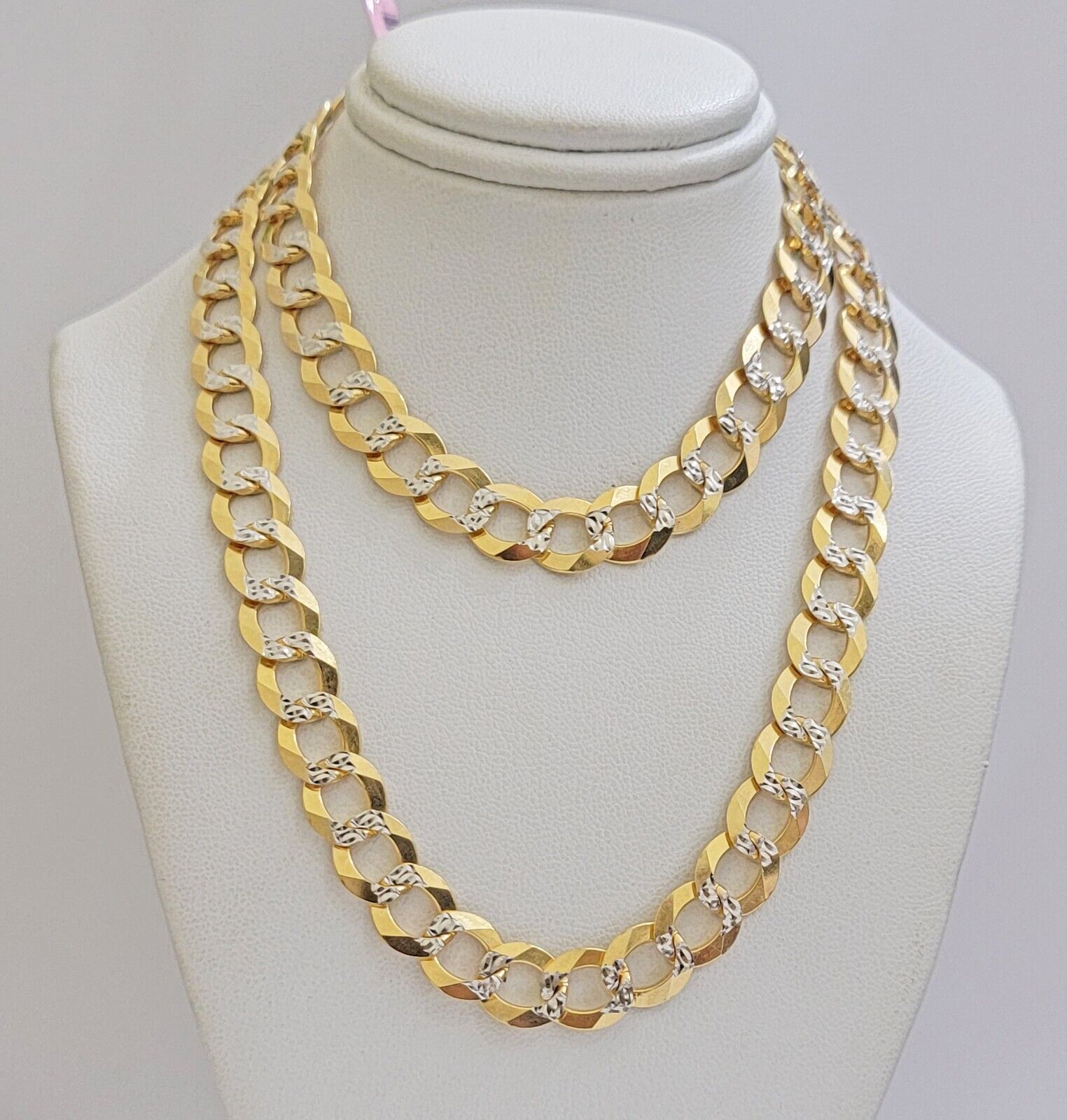 Real 14k Yellow Gold Chain Necklace Two - tone Cuban Curb Link 9.5mm 22 inch SOLID - GoldenlinQ